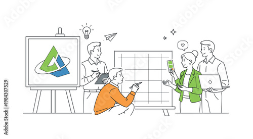 A brand development scenario where businesses create a strong visual identity to communicate values and stand out in competitive markets, illustrated through a clean