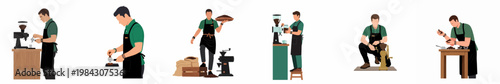 Set of flat vector illustrations of a professional male barista engaged in various coffee preparation tasks like grinding, tamping, and bean selection.