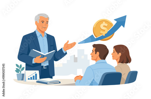 Corporate finance strategy moment where a senior advisor provides guidance on investments and resource allocation, highlighting leadership, experience, and value creation