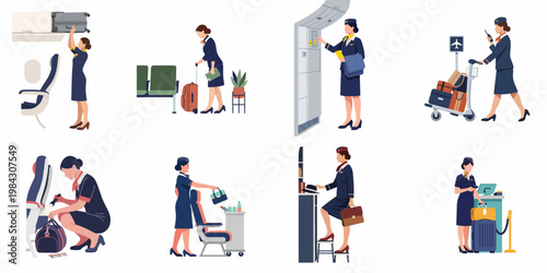 Collection of flight attendant characters performing various airport and in-flight duties isolated on a white background