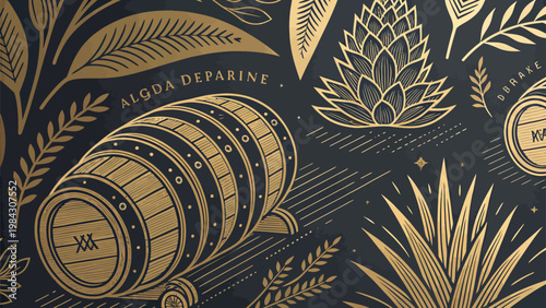 Elegant luxury tequila branding pattern with gold lines and barrel on dark background for premium drink packaging design