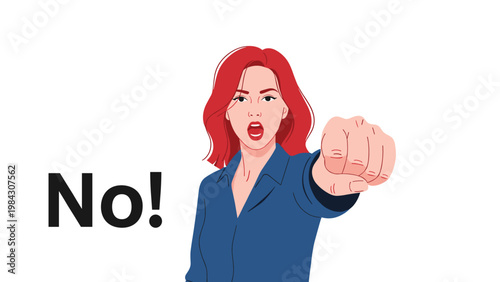 Angry woman with red hair shouting and pointing her finger aggressively toward the viewer to say no or stop.