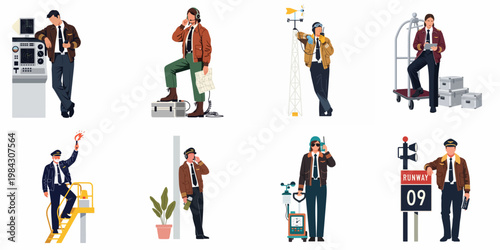 Flat vector illustration set of airport personnel and pilots in various roles, including ground crew, communication, and navigation duties.