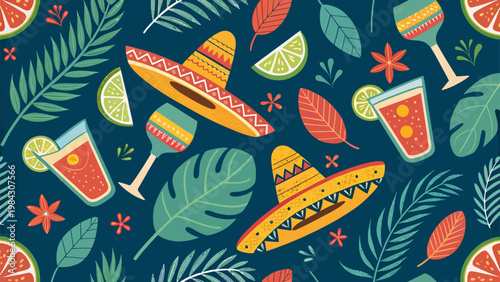 Vibrant mexican fiesta beverage pattern mix of agave with sombreros tropical leaves and citrus on dark blue background