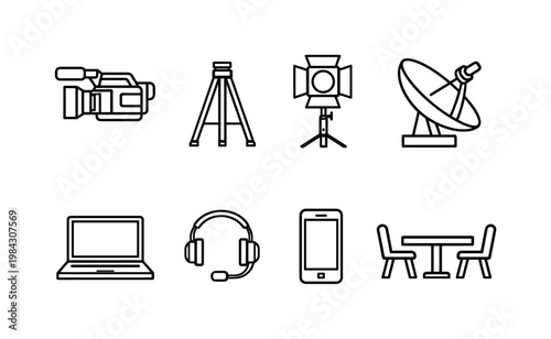 News reporting tools: video camera, tripod, studio light, satellite dish, laptop, headset, mobile phone, interview table.