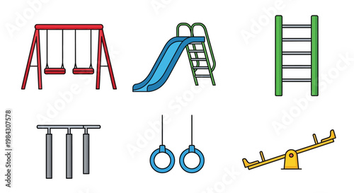 A colorful cartoon style illustration depicts a playground with swings a slide climbing frames and a seesaw silhouette high quality professional detailed modern elegant