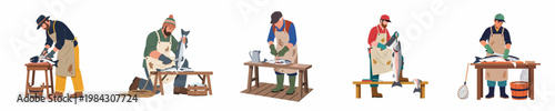 Flat vector set of professional fishermen and fishmongers cleaning, gutting, and filleting large fresh salmon on wooden tables, isolated on white background.