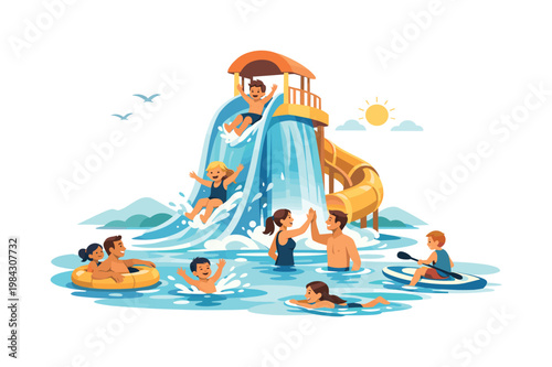 Summer activity scene where individuals engage in water-based recreation to cool off and have fun, emphasizing leisure, wellbeing, and seasonal enjoyment, visual metaphor