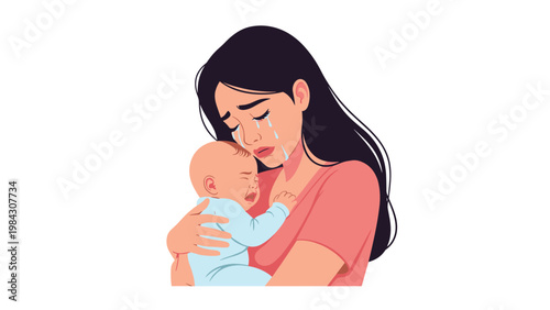 Emotional young mother crying while gently holding her crying infant baby in a moment of shared sadness or exhaustion.