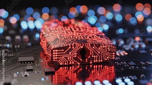 Circuit board lock with glowing red lines for commercial backgrounds, digital design, and advertising