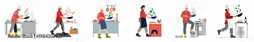 Set of diverse professional chefs in red uniforms cooking and tossing vegetables in pans across different commercial kitchen environments in a flat illustration style.