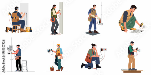 Professional Electricians Installing and Repairing Electrical Systems with Tools and Multimeters, Flat Vector Illustration Set