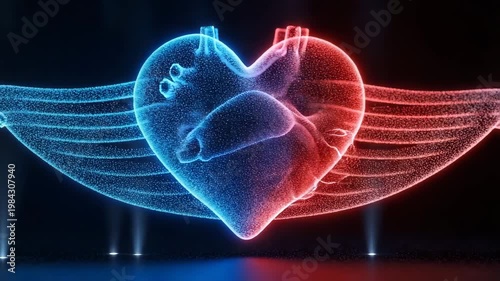 3D holographic heart in red and blue with wings on dark background  