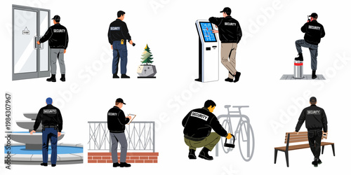 Set of security guard characters in different situations performing duties such as patrolling, inspecting locks, and monitoring facilities in flat vector style.