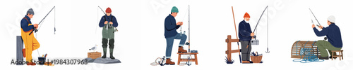 Set of five flat vector illustrations showing different fishermen in warm clothes with fishing rods and equipment on a white background.