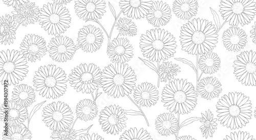 Seamless white line drawing floral pattern with delicate flowers and stems, ideal for textile design, wallpaper, and spring decoration.