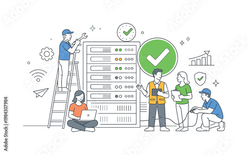 A system monitoring and uptime assurance scene showing a small team maintaining infrastructure around a large server and a check indicator, using a clean visual metaphor