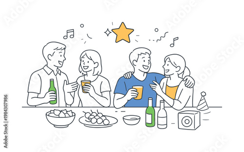 Party gathering casual social scenario showing individuals connecting and enjoying time together during a festive occasion, with a table setup and a single star icon as