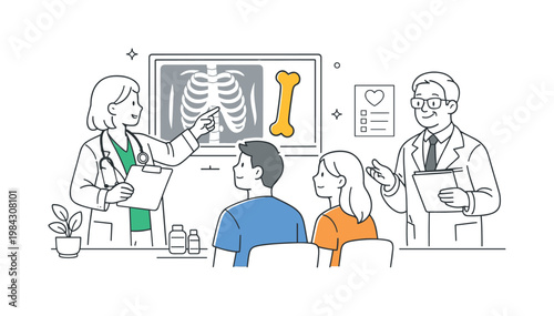 Xray check medical diagnostics scene showing a healthcare professional reviewing a patient scan in a clinical environment, with an xray screen and a single bone outline