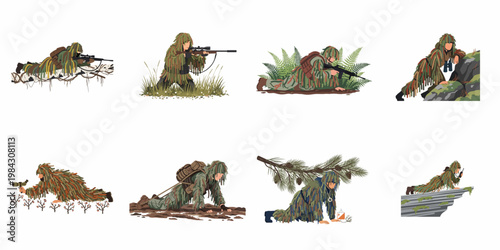 Illustration set of snipers in ghillie suits performing various tactical maneuvers and reconnaissance tasks in different natural environments, isolated on white background.