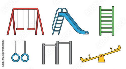 A colorful cartoon style illustration depicts various playground equipment including swings a slide and climbing structures presented as a silhouette high quality professional detailed