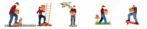 Collection of diverse flat character illustrations showing farmers harvesting fresh red apples in an orchard, carrying baskets and buckets on white background.