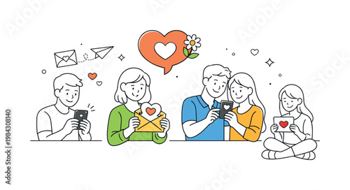 Valentines Day greeting and communication concept where people send messages of love through digital and physical formats, depicted through a simple scene with a message