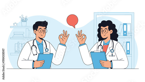 Two professional doctors in white coats gesturing 'OK' to each other as they reach a successful medical conclusion or plan.