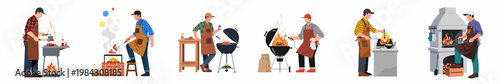 Set of various men in aprons grilling steaks on different outdoor grills including kettle, brick, and charcoal pits with fire and smoke.