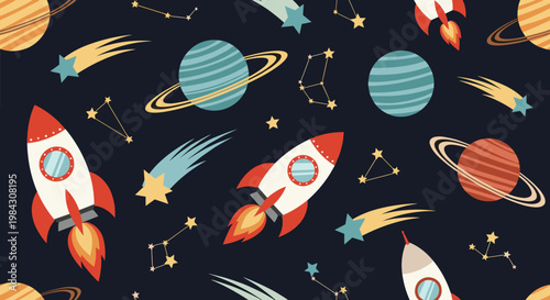 A seamless space pattern featuring colorful rockets, planets, stars, and cosmic elements for a vibrant astronomy background design.