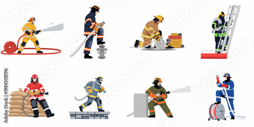 Set of firefighters in various action poses using fire hoses, hydrants, and ladders in professional protective gear.