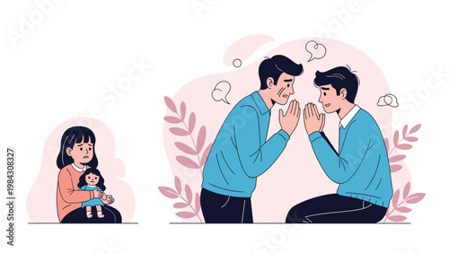 Two men appear to be begging for forgiveness or arguing while a sad young girl sits alone with her doll in the distance, feeling neglected.