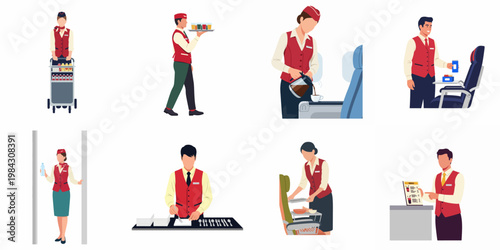 Flat vector illustrations of male and female flight attendants in red uniforms providing various onboard services including food, drinks, and passenger assistance.