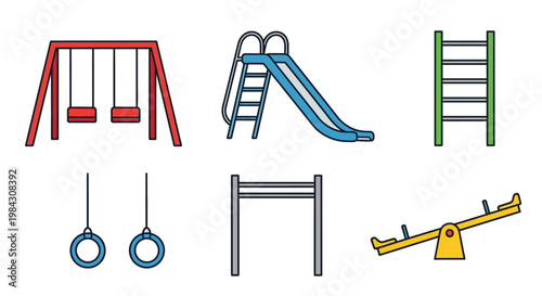 A colorful illustration depicts a playground with swings a slide climbing frames and gymnastic rings presented as a silhouette high quality professional detailed modern