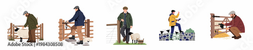 Set of Illustrations Depicting Farmers and Shepherds Tending to Sheep in Rural Landscapes and Farms
