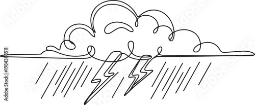 Slika na platnu Continuous one line editable drawing of thundercloud and lightning, Single continuous line art rainy stormy cloud
