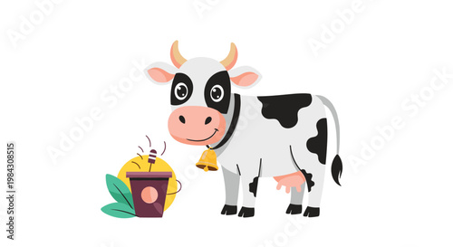 A cheerful black and white dairy cow wearing a small bell illustration on a sunny farm background.