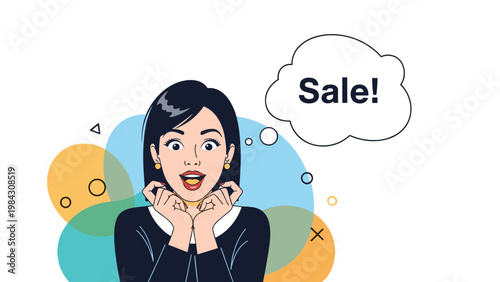 Joyful young woman reacts with pure excitement and surprise to a major discount, shown by a speech bubble with the word Sale written inside it.