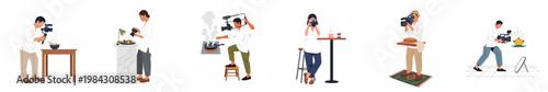Collection of professional food photographers and videographers capturing various culinary scenes including soup, bread, and coffee in a modern flat illustration style.
