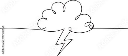 Slika na platnu Continuous one line editable drawing of thundercloud and lightning, Single continuous line art rainy stormy cloud