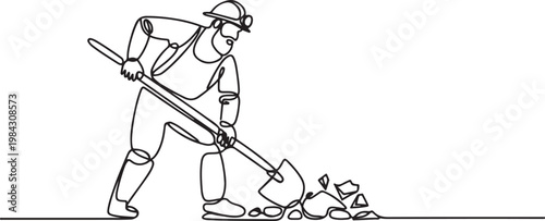 Continuous one line drawing A Traditional miner uses a hoe to get treasures.one line drawing vector illustration