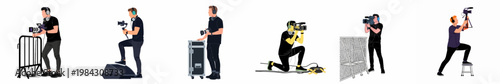 A set of six flat vector illustrations of professional male cameramen and videographers using various filming equipment in different working poses.