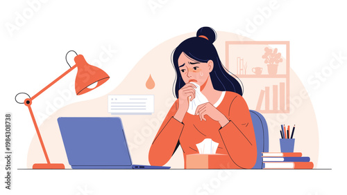 Emotional woman sits at her workspace with a laptop, wiping away tears with a tissue while feeling overwhelmed and stressed by her difficult tasks.