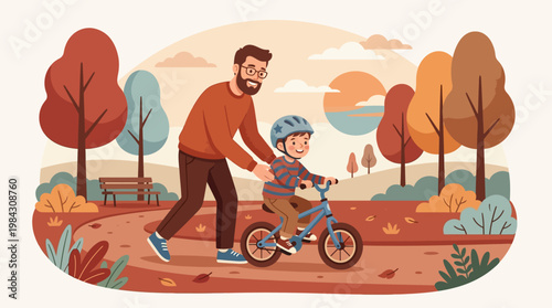 Father teaching son to ride bicycle.