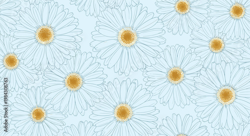 Beautiful seamless pattern of yellow daisies on a light blue background perfect for spring design and textile wallpaper.