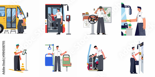 Flat illustration set of a professional bus driver performing various duties including driving, ticketing, and inspecting public transport vehicles.