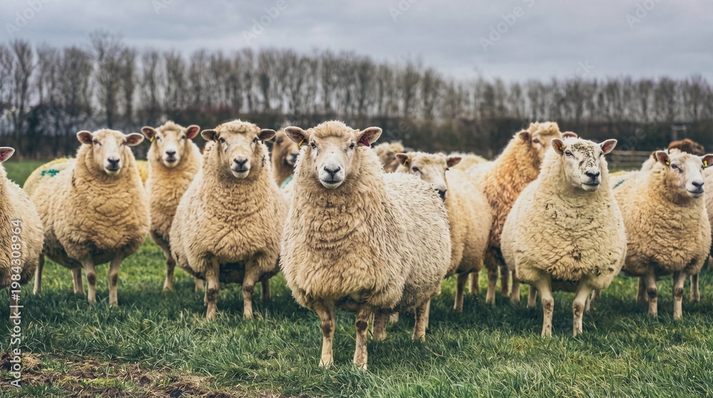 Fototapeta premium Flock of sheep standing in a green field