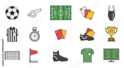 Collection of colorful flat design icons representing various elements and equipment related to soccer and football sports.