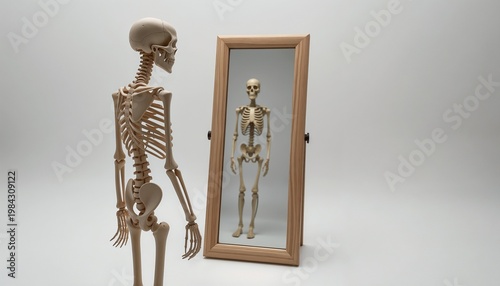 Skeleton looking in the mirror, observing itself, minimalistic background, reflective surface