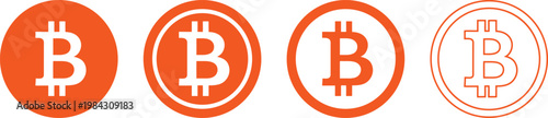 Four orange bitcoin crypto currency symbols variations isolated on transparent background.
